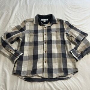 Old Navy Mens Flannel Shirt Large Regular Fit Blue Tan Plaid Cotton Button Down